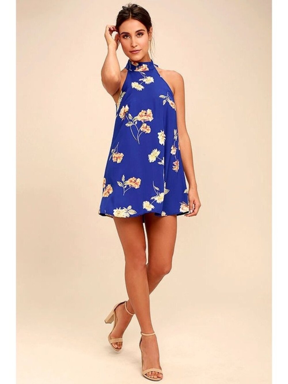 Lulus Swing Dress Size Medium Royal Blue Floral Print Sleeveless V-Neck Keyhole